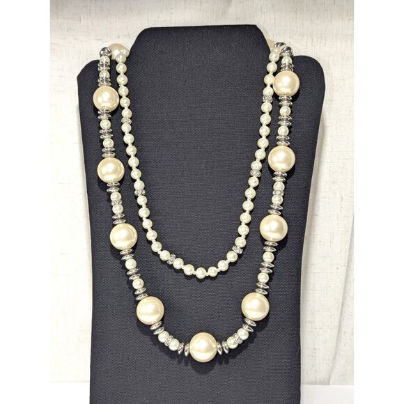 Off White Silver Tone Rhinestone Double Strand Necklace - Picture 1 of 9